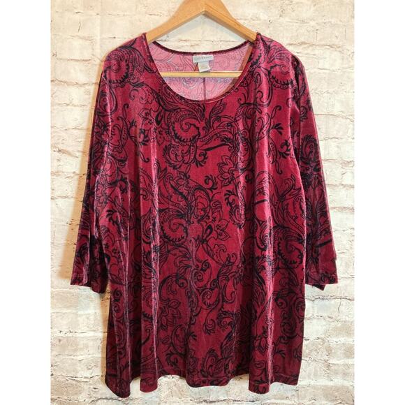 Catherines Velvet Top Womens 2X Cranberry Red Paisley Plus Stretch Pullover - Picture 1 of 13